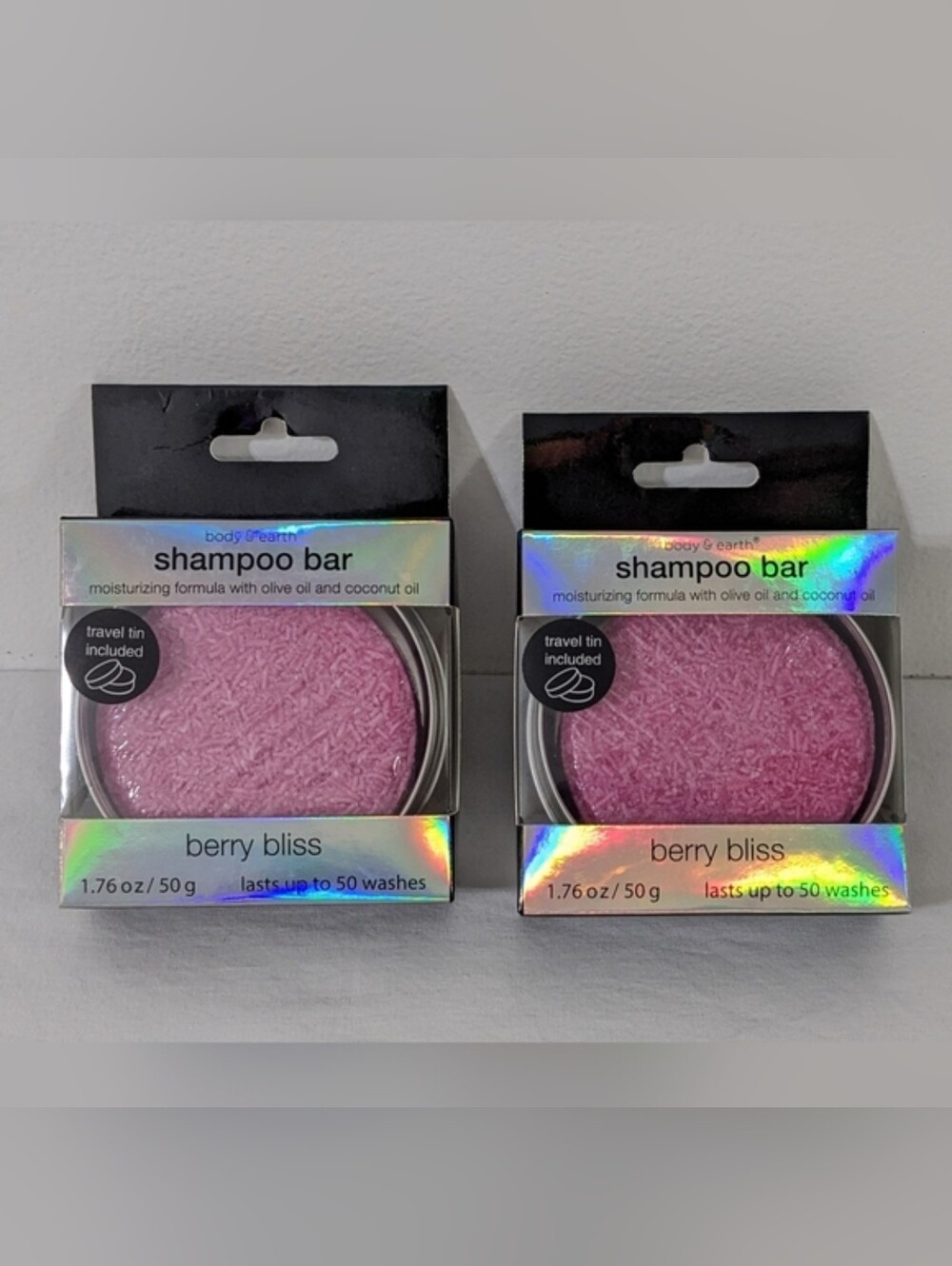 Body & Earth Set of 2 Berry Bliss Shampoo Bars, 1.76 oz., Travel Tin Included